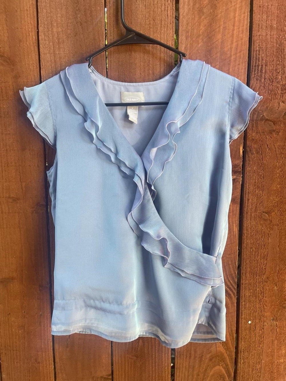 VTG Old Navy Iridescent Blue Purple Fairycore Ruffle Blouse w Cap Sleeves Sz S⚠️